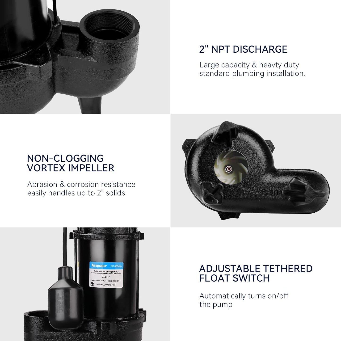 Acquaer Sewage Pump Submersible Water Pump with Automatic Float Switch, for Sump Basin, Residential Sewage, 3/4 HP 6400 GPH Sewage Pump 2'' NPT