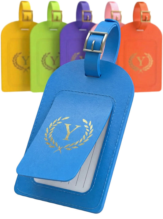 Luggage Tags for Suitcases 6 Pack PU Leather Travel Bag Tags with Privacy Cover & Stainless Steel Buckle, Vegan Leather Name ID Labels for Travel Bags, Cruise, Airline, Backpack, Baggage Identifier(Y)