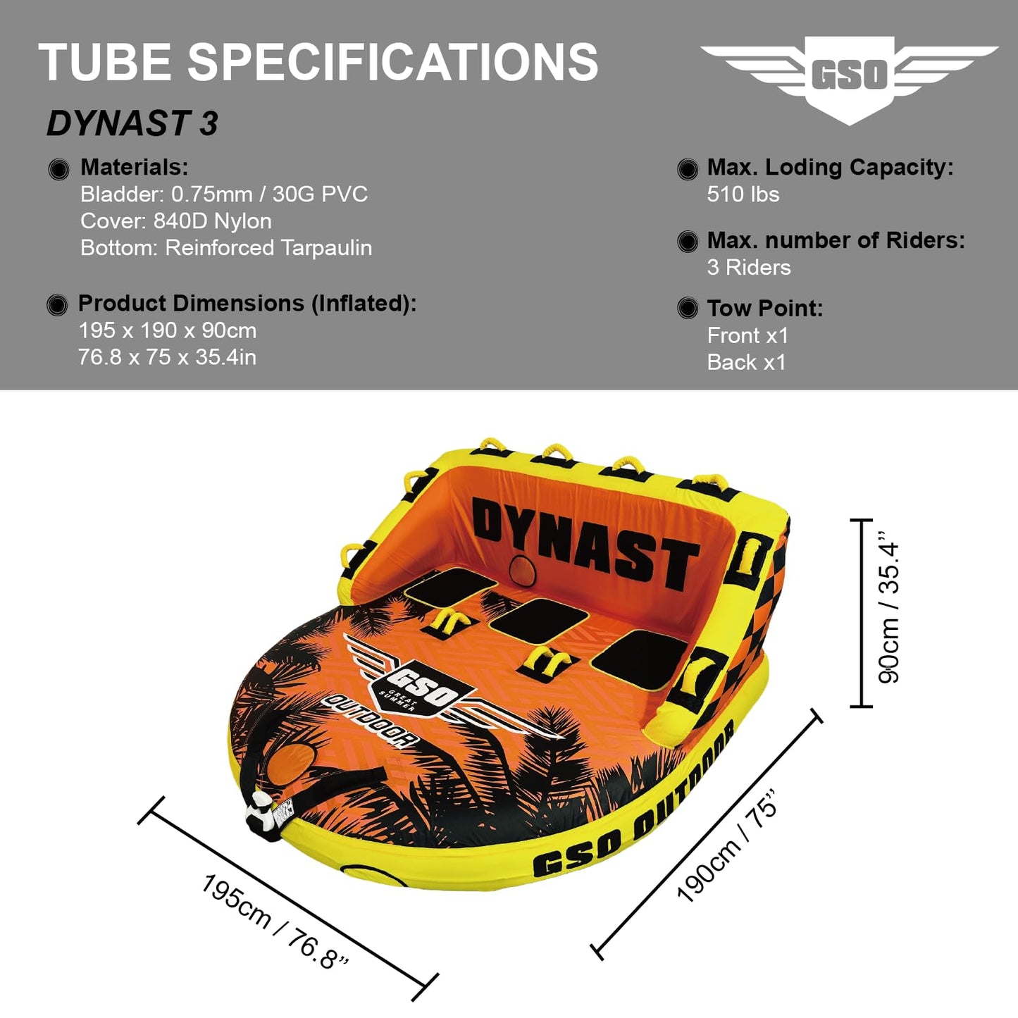 GSO Dynast 3 Person Inflatable Towable Tube for Boating