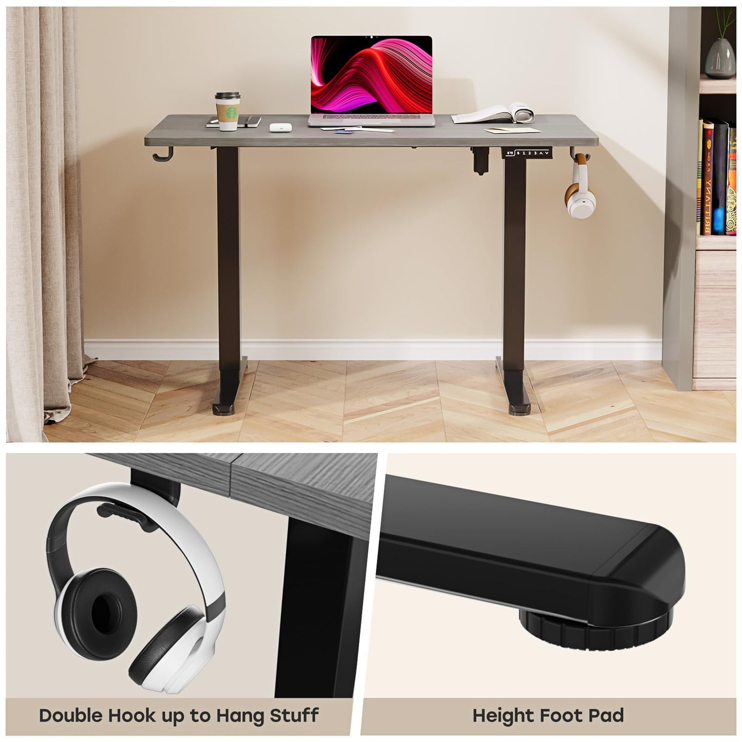 JYLH JOYSEEKER Grey Standing Desk, 48 X 24 Inch Adjustable Height Electric Table, Sit Stand Desk with 2 Hooks, Ergonomic Rising Workstation with Splice Board
