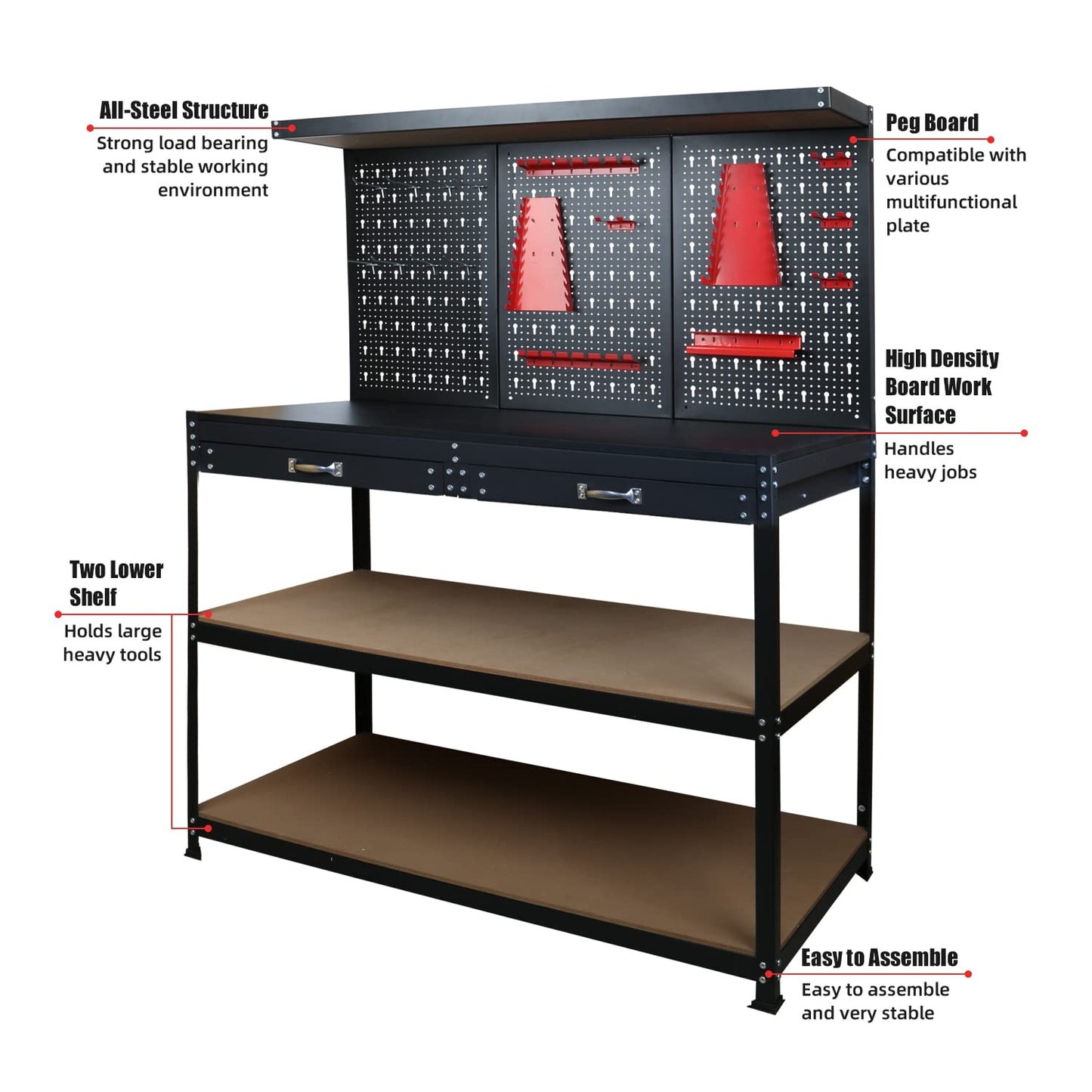 Prostormer Workbench, 47.25 inch Multipurpose Garage Worktable with Peg Board Hook Kit and Drawers for Home, Garage, and DIY Projects