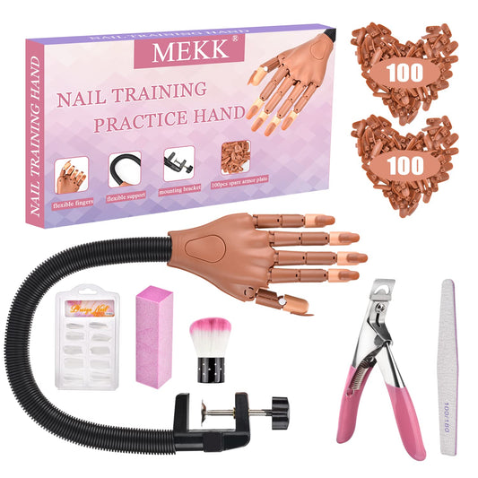 MEKK Practice Hand for Acrylic Nails Flexible Nail Practice Hand Never Fall off Nail Trainning Hand Kits with Nail Files, Brush, Acrylic Clipper and Tips