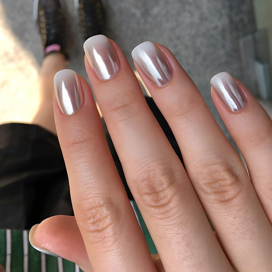 Chrome Press on Nails Short Square MABKJLF Fake Nails White Gradient False Nails with Designs Silver Mirror Full Cover Glossy Glue on Nails Acrylic Nails for Women Girls 24 Pcs