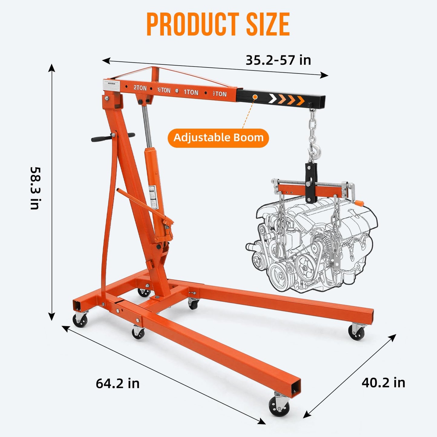 DEXSO 2 Ton Folding Hydraulic Engine Hoist with Lever, Folding Engine Shop Crane Hoist Lift, Heavy Cherry Picker with 6 Wheels for Garage, Workshop,Orange