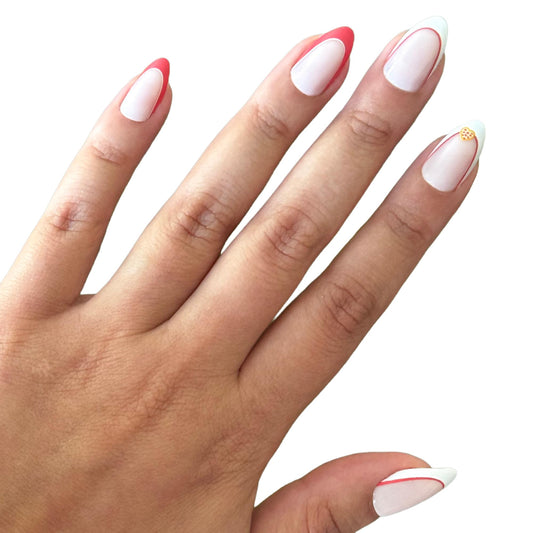 Olive & June Instant Mani Press-On Nails (Glue) | 42 Fake Nails, 21 Sizes | Non-Toxic, Long-Lasting Recycled Materials Realistic Look | Salon-Quality at Home | Medium, Almond | I Heart Pizza French