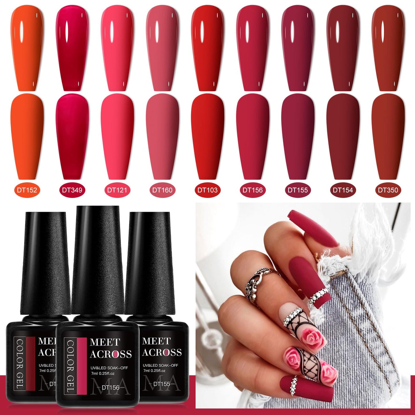 MEET ACROSS 12pcs Gel Nail Polish Set,Soak Off UV LED Lamp Gel Nail Polish Kit,Fashion Shimmer Nail Art Design Gifts for Women Manicure Salon (Red)