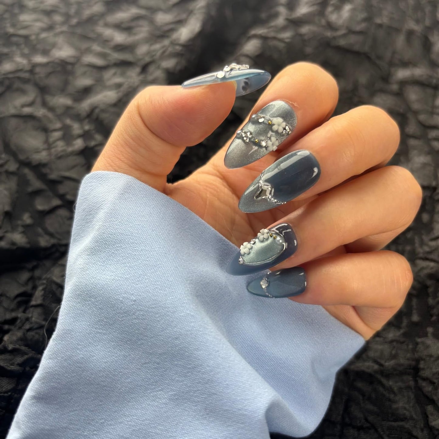 AKA Unicorn Handmade Press On Nails Medium Almond,10Pcs Dark Blue Acrylic Fake Nails,Glue On Nail with The Flower of Growth Charms for Woman Daily Wear&Break Up Party（Design Concept:Lost & Hope）