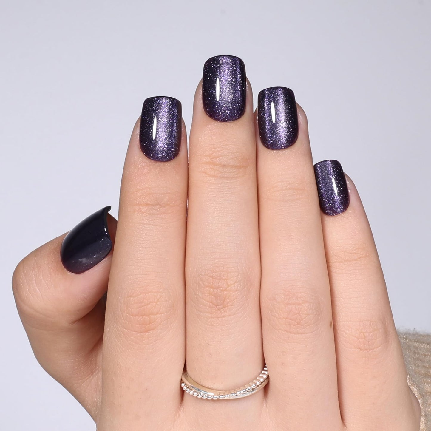 Purple Cat Eye Press On Nails Square - Short Square Fake Nails with Nail Glue, Dark Purple Cateye Press On Nails Reusable Stick On Nails in 15 Sizes 30 Nail Kit for Women & Girls | Salon Quality
