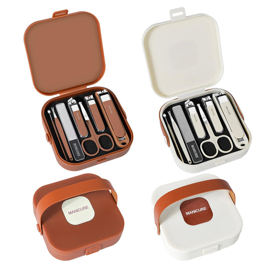 Nail Clippers and Beauty Tool Portable Set, Cuticle Nail Care Tools, 7pcs Stainless Steel Grooming Kit, Suitable for Home, Workplace, Outdoor Travel, Gift Giving, Salon., Beige+Brown