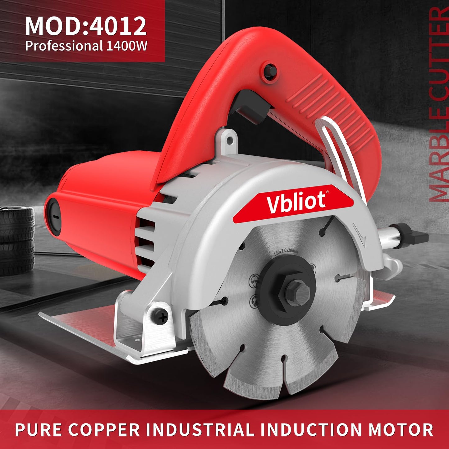 VBLIOT 4-3/8-Inch Tile Saw, 1400W 12A Concrete Wet Saw Handheld Cutting Carving Machine, Includes Carbon Brush Wrench Diamond Cutting Disc