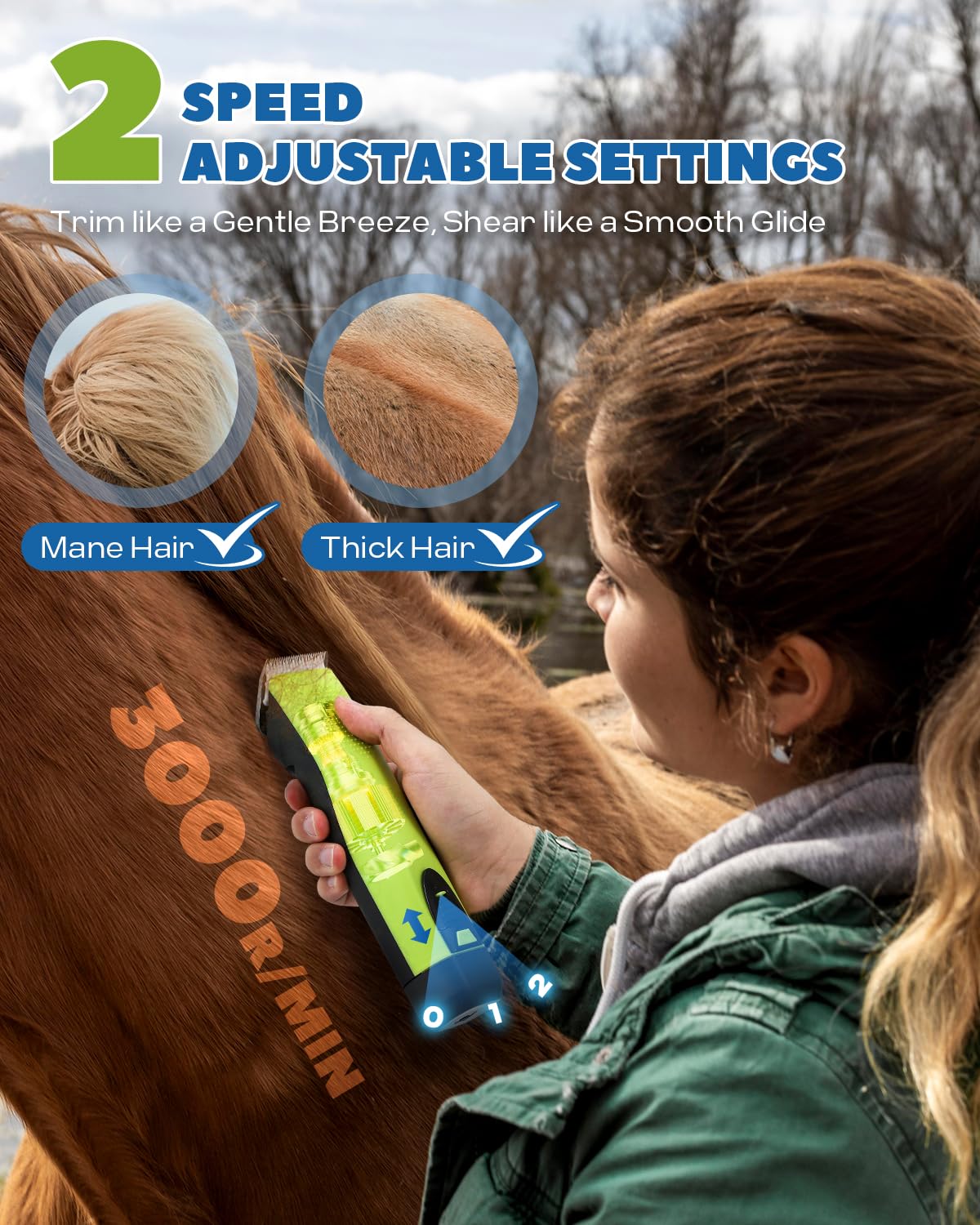 Luzrise Cordless Horse Clippers, Professional Pet Grooming Clippers, 2 Speed Pet Trimmer with 4 Magnetic Guide Comb, Detachable Blade, Low Noise< 50db for Horse,Pony,Cat,Dog,Goat