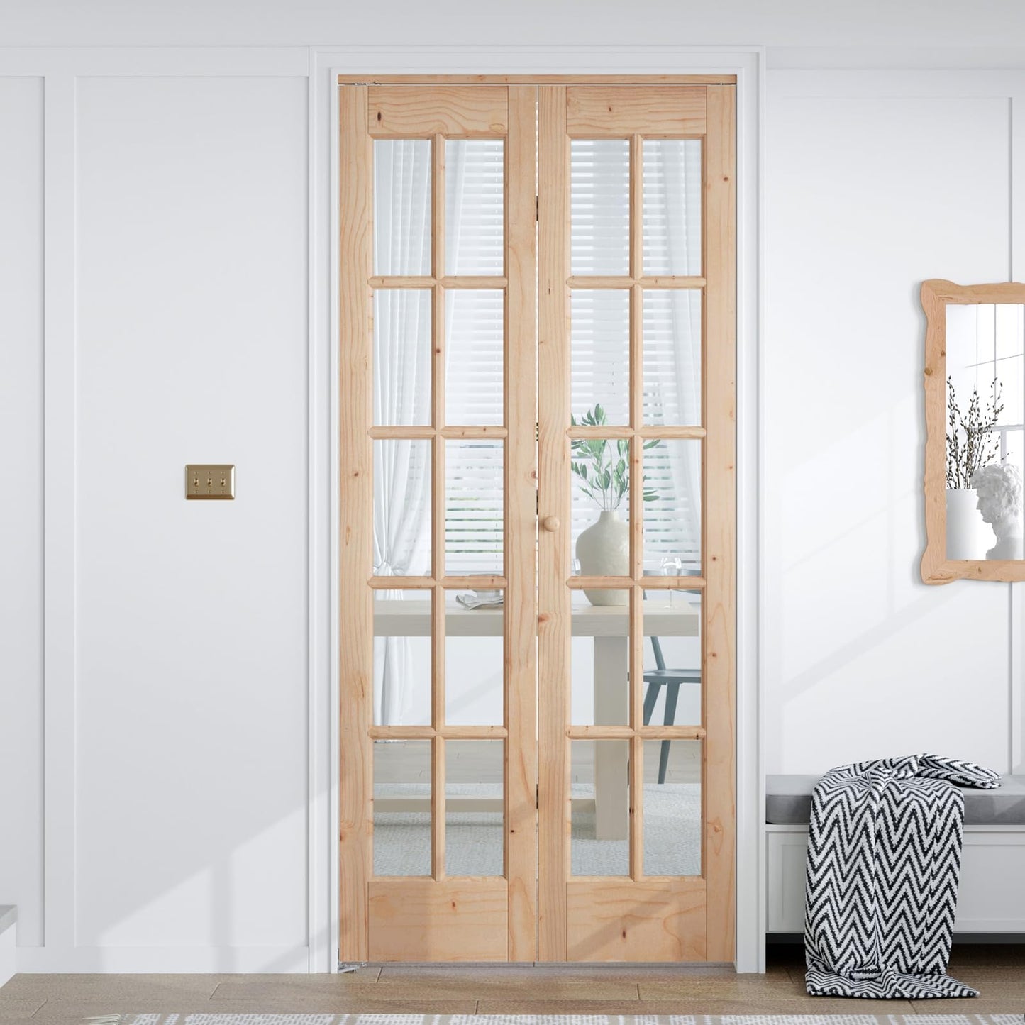 EaseLife Bifold Closet Door,for 32in x 80in (Double 16x80) Opening,French Glass Barn Doors with 2.66FT Concealed Bi-Fold Sliding Hardware Kit Included,Preassembled Door,Easy Install,DIY staining