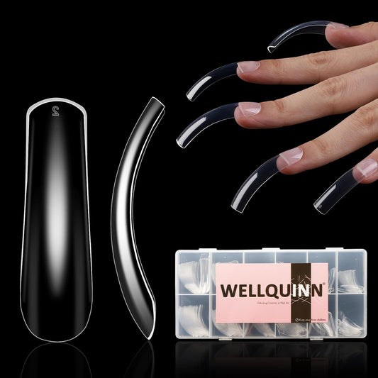 Wellquinn Curved Square Nail Tips Press on Full Cover Nails, Extra Curve Clear XXL Square Nail Tips Long XL Acrylic Fake Nails Extension, French False Nail 12 Sizes 240pcs