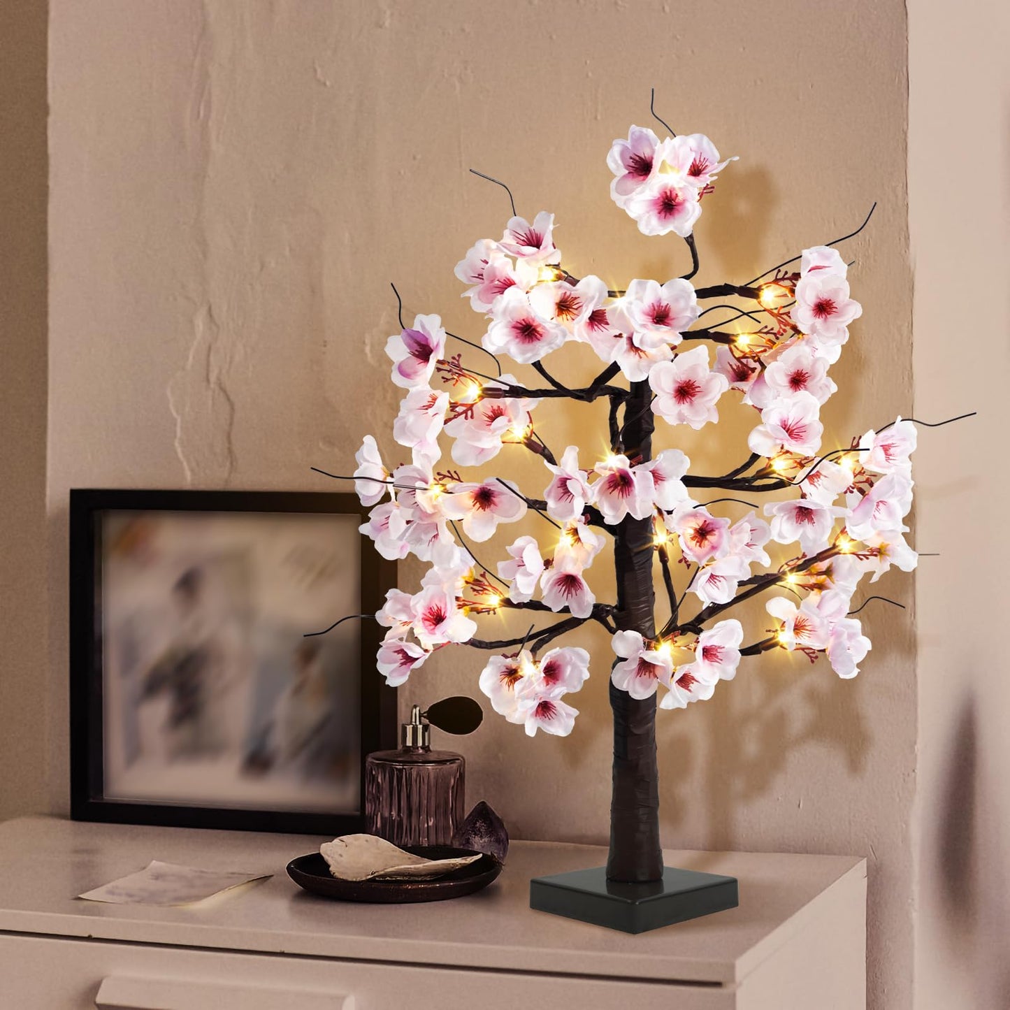 Uieke 24IN Lighted Cherry Blossom Tree 24 Warm White LED Tabletop Artifical Bonsai Tree with Timer Battery Operated for Wedding Party Spring Christmas Home Indoor Japanese Room Decor