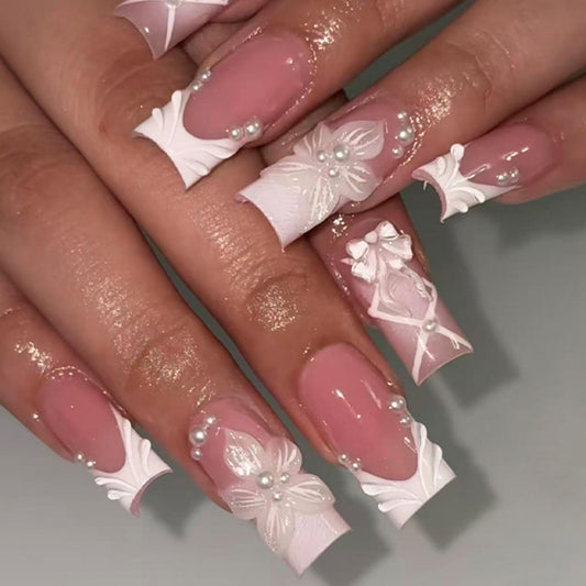octoswave Press on Nails Medium Square Fake Nails White French Artificial Nail with 3D Flowers and Bow Stick on Nail for Women 24pcs