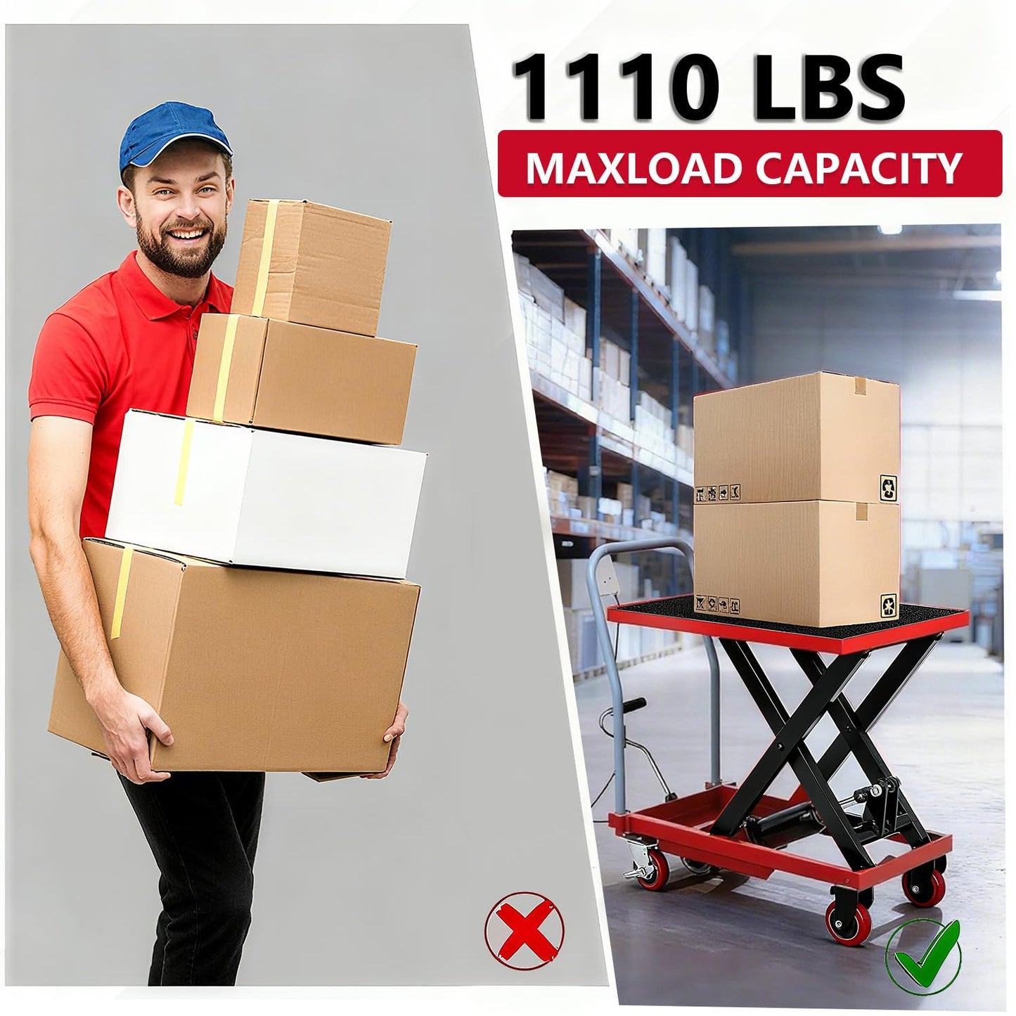 1100LBS Hydraulic Lift Table Cart, 32" Lifting Height Hydraulic Material Lift Pallet Truck with 4 Locking Wheels for Material Handling and Transportation