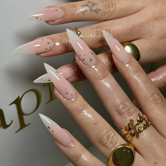 IMRAIN Press on Nails Long Stiletto Fake Nails Nude Pink Ombre Glossy Glue on Nails Full Cover Nature Artificial Gel Stick on False Nails for Women 24Pcs