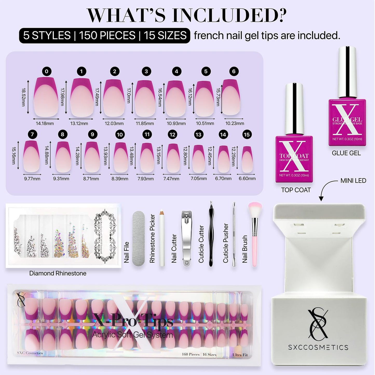 SXC Cosmetics French Tip Press On Nails – Purple Series, Short Coffin, X-Pro Tips Starter Kit | 160PCS, 16 Sizes, 5 Styles, Beginner-Friendly