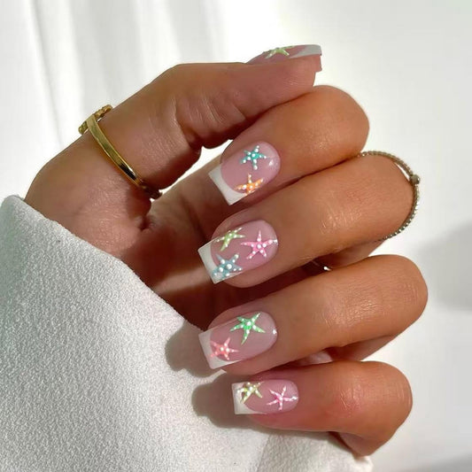 Summer Press on Nail White French Tip Fake Nails with Starfish designs Full Cover Embossed Stick on Nail Cute Glue on Nails Short Square False Nails for Women Beach 24pcs