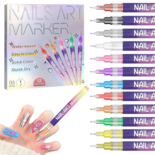 YUEUR 12 Colors Nail Art Pens Set, Fine Tip Nail Polish Pen Markers, Quick Dry Nail Art Kit for DIY Home Salon, Professional Nail Art Tools, Manicure Set Gift for Adults Beginners