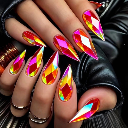 Orange-Pink Rhombus Electroplated Press on Nails Almond Fake Nails Designs Orange Chrome Diamond Grid False Nails 3D Mirrored Metal Full Cover for Women Girls Daily Wearable Manicure Decoration 24Pcs
