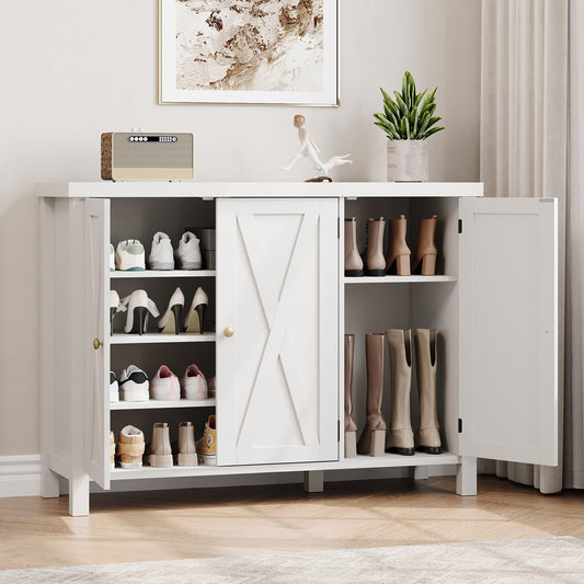 GarveeHome Farmhouse Shoe Cabinet for Entryway with 3 Barn Doors & Wood Legs, 7-Tier Shoe Storage Cabinet with 2 Adjustable Shelves, Tall Shoe Rack Organizer for Closet, Hallway, White