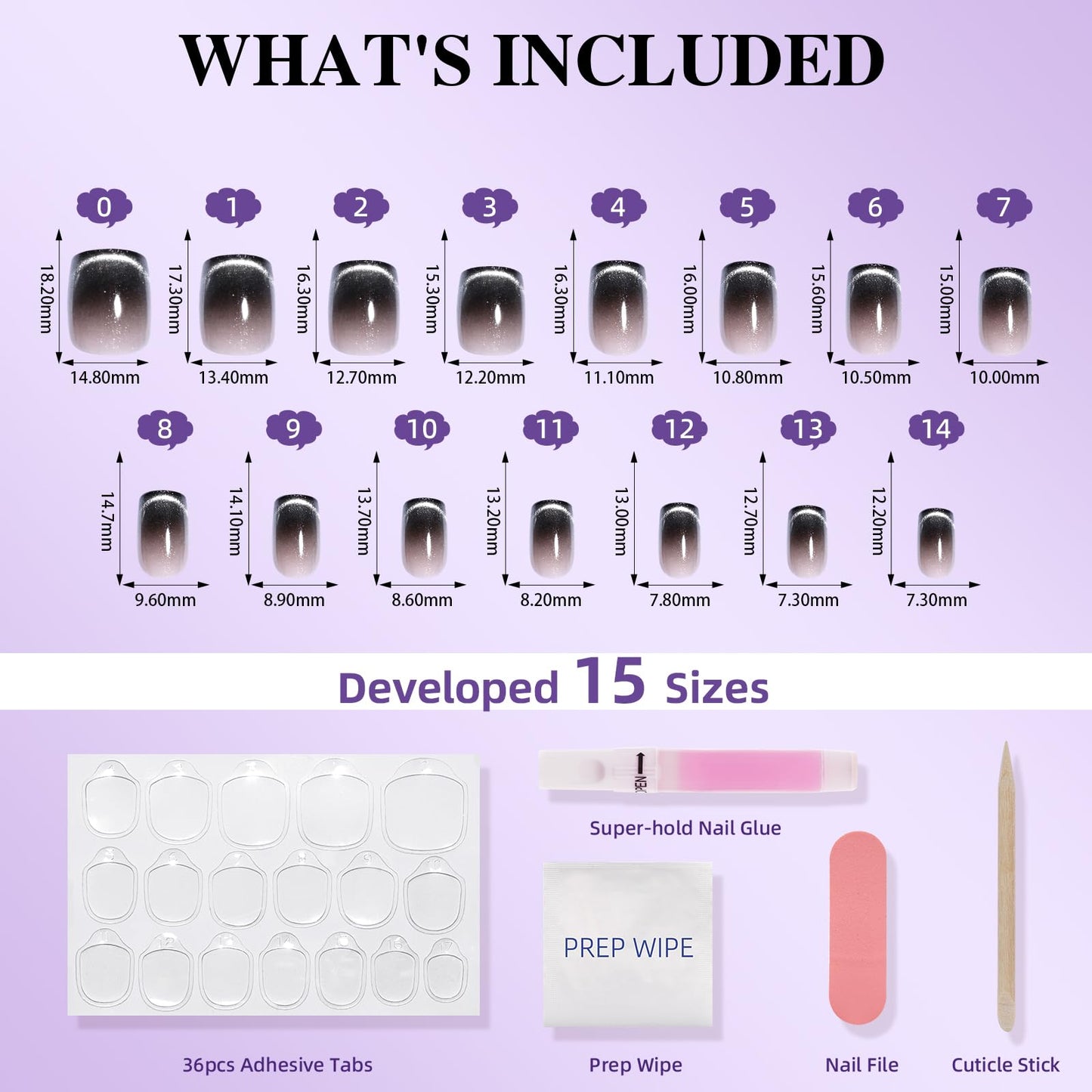 Black Cat Eye Press On Nails - Short Square Ombre Press Ons for Women Fake Nails with Glue, Glossy Reusable Glue on Nail in 15 Sizes - 30pcs