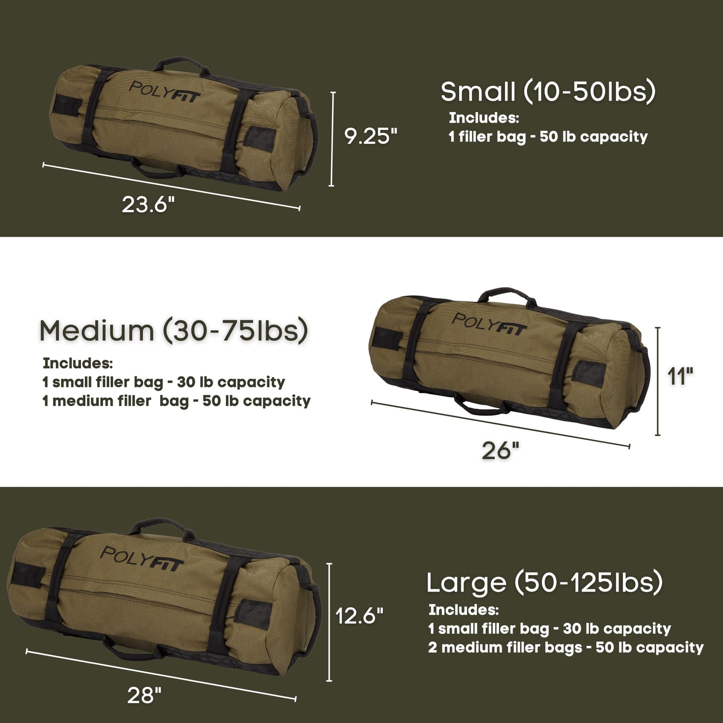 Polyfit Workout Sandbag for Fitness - Heavy Duty Sandbag Workout Bags with 8 Gripping Handles for Sand Bag Weight Training (30lbs to 75lbs) - Green