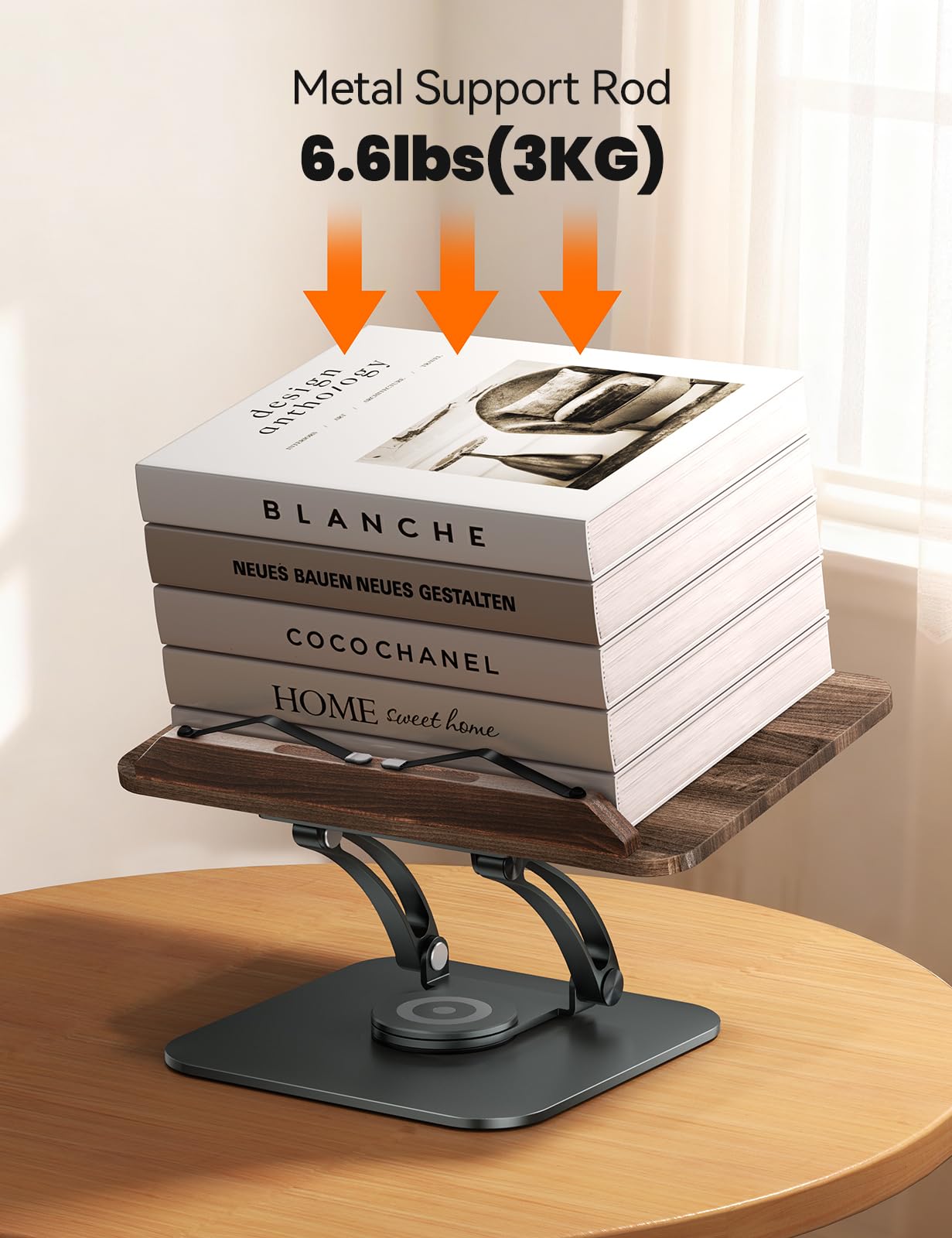 Tounee Book Stand for Reading, Adjustable Book Holder with 360° Swivel Base, Foldable Cookbook Stand Recipe Book Holder with Elastic Page Clips for Music Scores, Recipe, Tablet, Laptop-Gray
