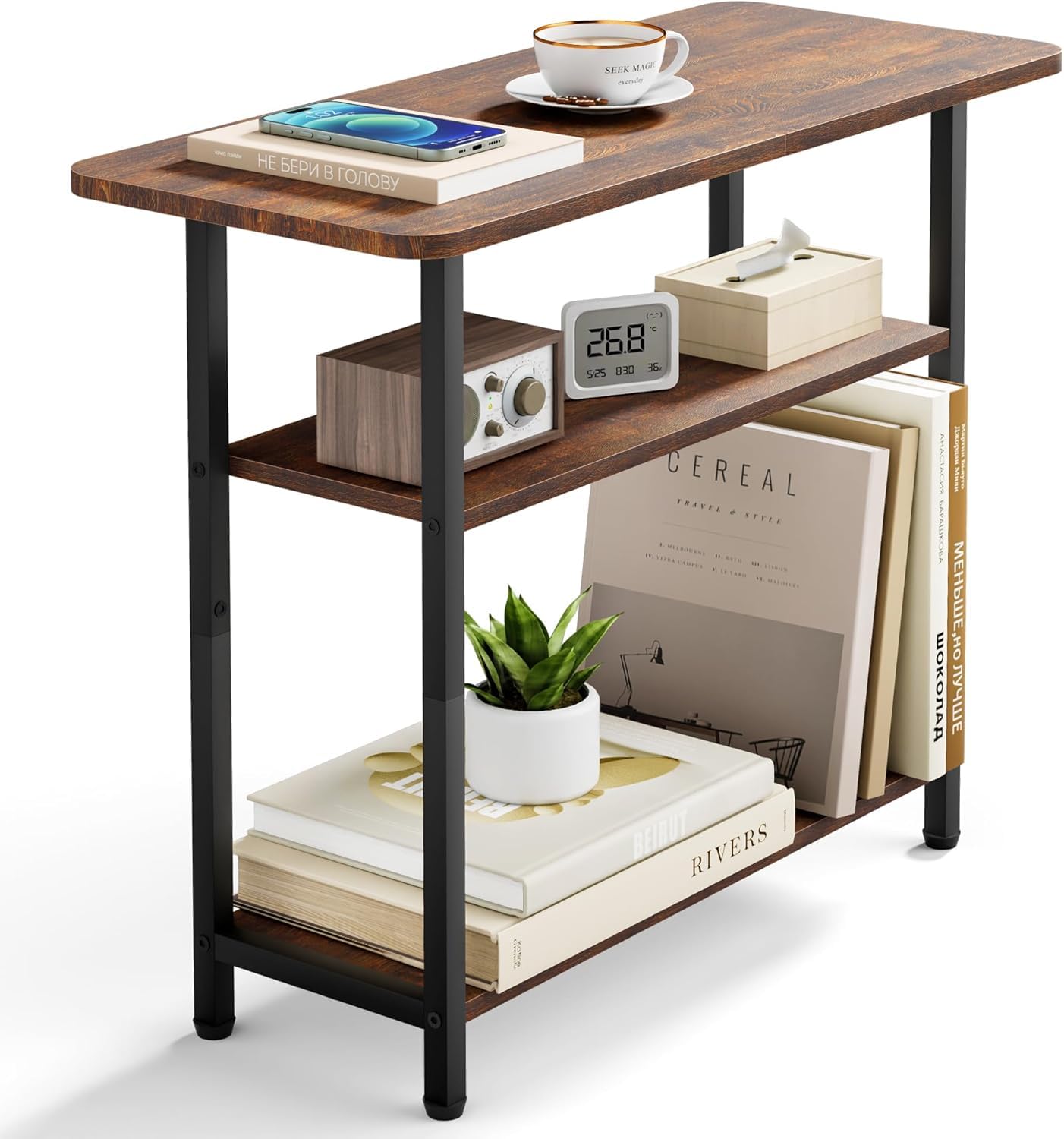 SLEEPING LAMB Side Table for Living Room, 3-Tier End Table for Small Space with Wide Storage Tabletop, Rustic Brown Narrow Nightstand for Bedroom, Sofa Couch