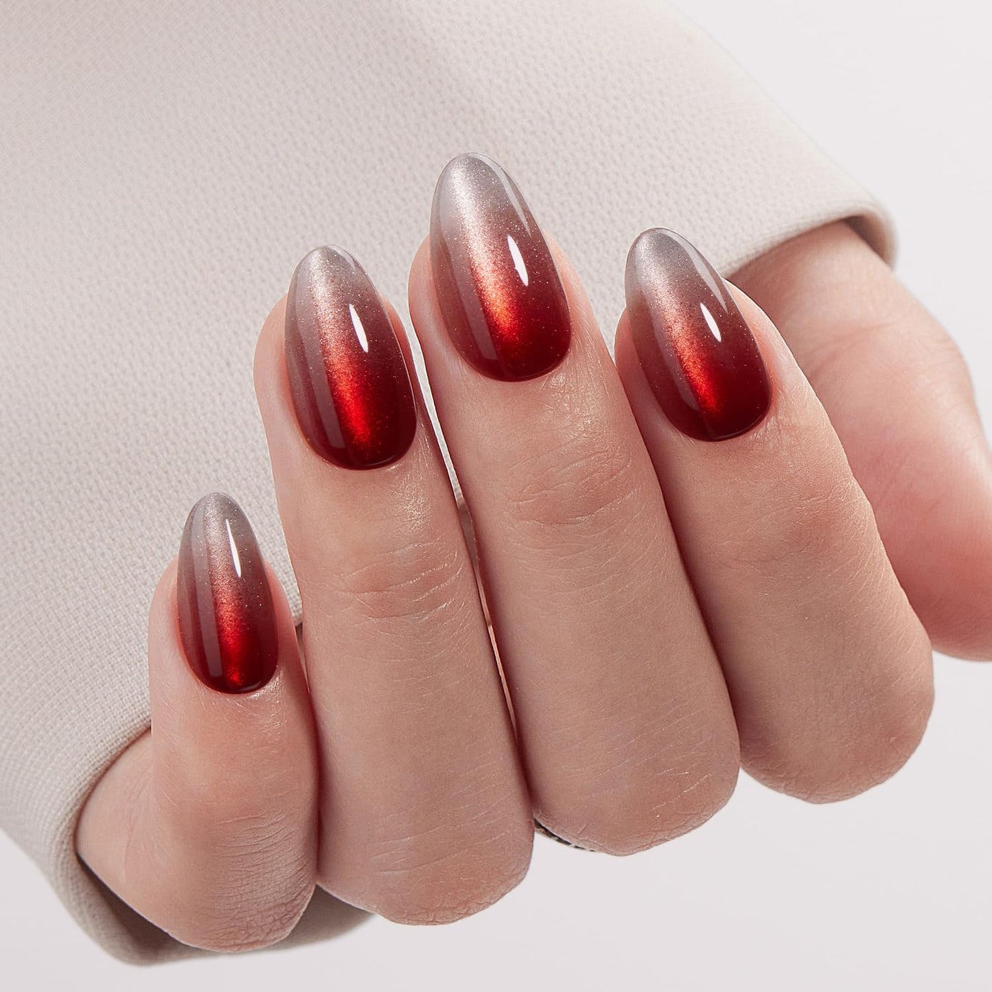 VSALON Press-On Nails Short Almond Red Ombre Cat Eye Fake Nails, 32 PCS in 16 Sizes, Reusable Nail Kit with Long-Lasting UV Glue, Adhesive Tabs & Nail Glue & Nail Lamp