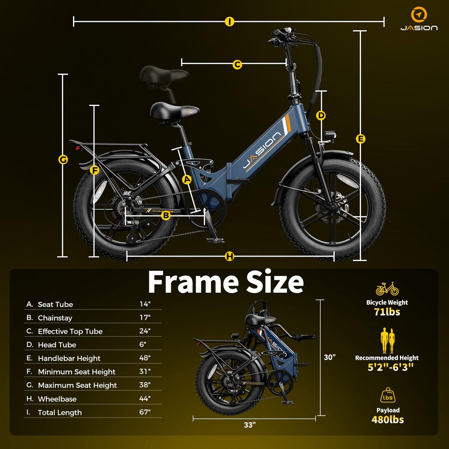 Jasion X-Hunter ST Electric Bike, 20" Fat Tire & 71Miles & 30+MPH Foldable Ebike, 1400W Peak Motor, 624WH Removable Battery, Full Suspension E Bike, Hydraulic Disc Brakes Bicycles