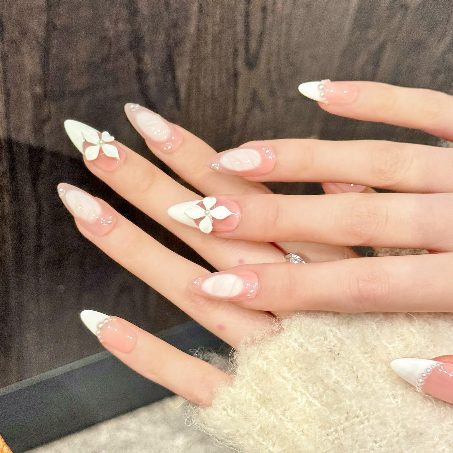 Handmade Press On Nails-3D Almond Pink French Manicure Aadorned With Pearl Carved Flowers ， Wedding Prom And Festival Gift，Thick Acrylic and Muti-Layer Gel Reusable False Nails (L)