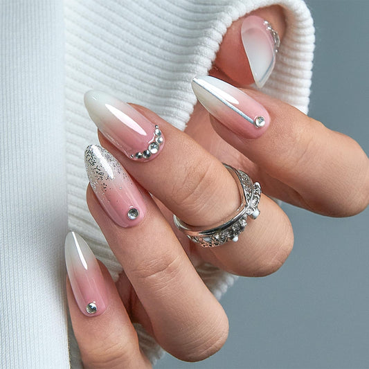CurvLife Press On Nails Long Almond Pink Ombre French Tip, Soft Gel Glossy Fake Nails, Reusable Durable Salon Look Manicure for Women Teens Beginners, 30pcs, Daily Wear for Work Party