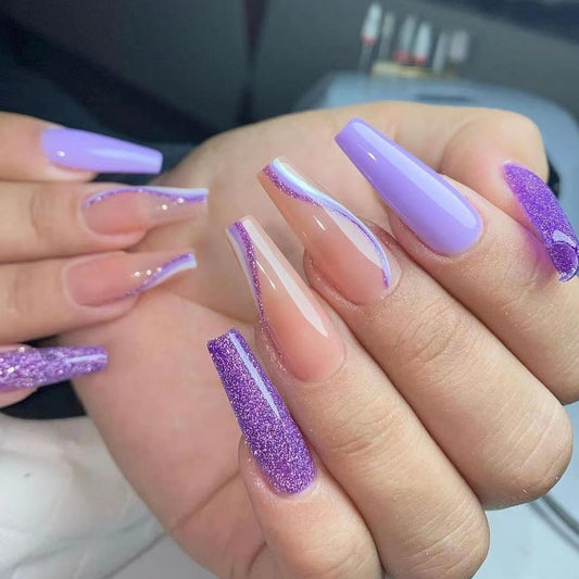 Long Press on Nails Coffin Fake Nails Purple Glitter False Nails with Swirl Designs Nails Press Ons 24Pcs Glossy Long Ballerina Full Cover Acrylic Stick on Nail for Women