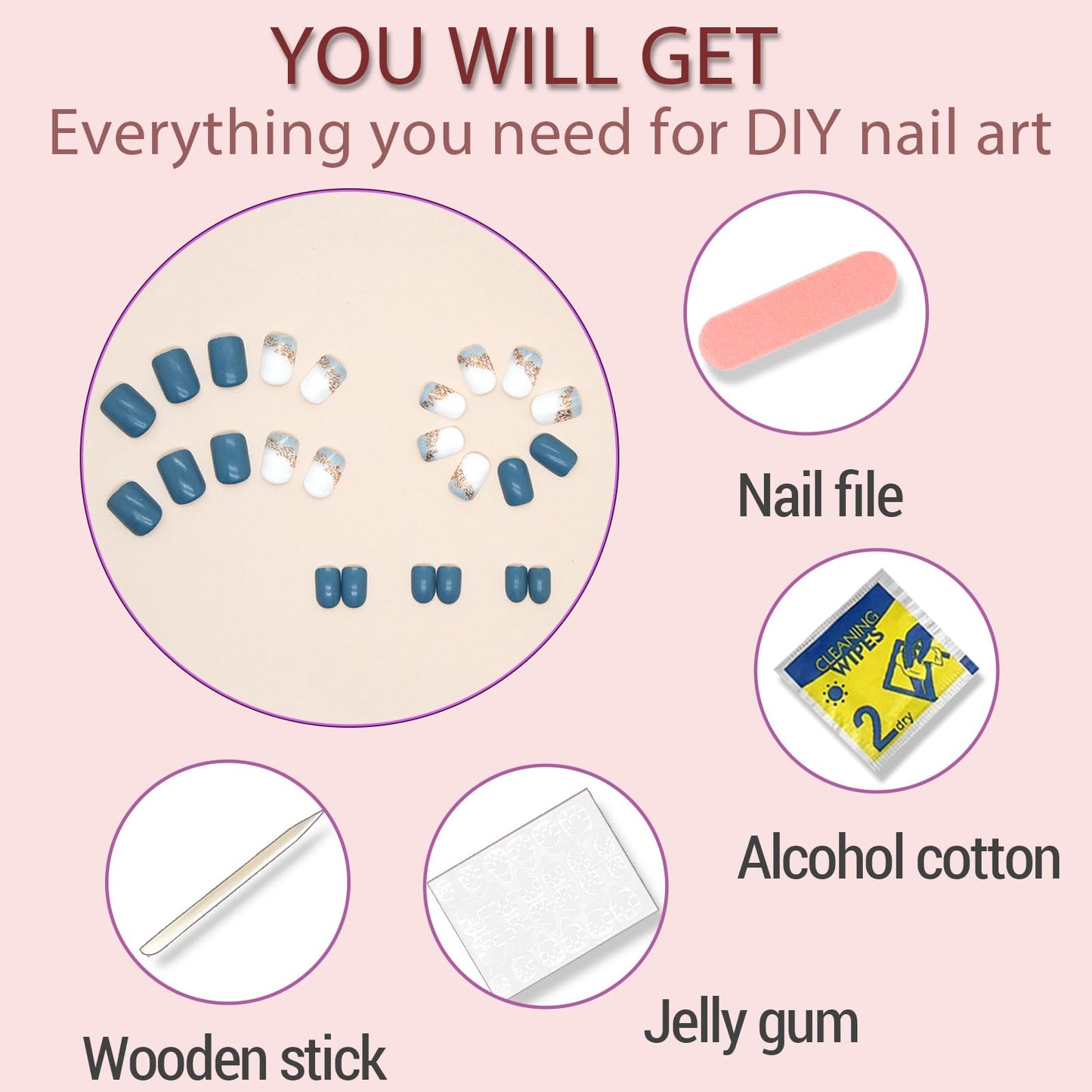 Press On Nails - Short, Glossy Blue False Nails with Glitter Designs, 24Pcs