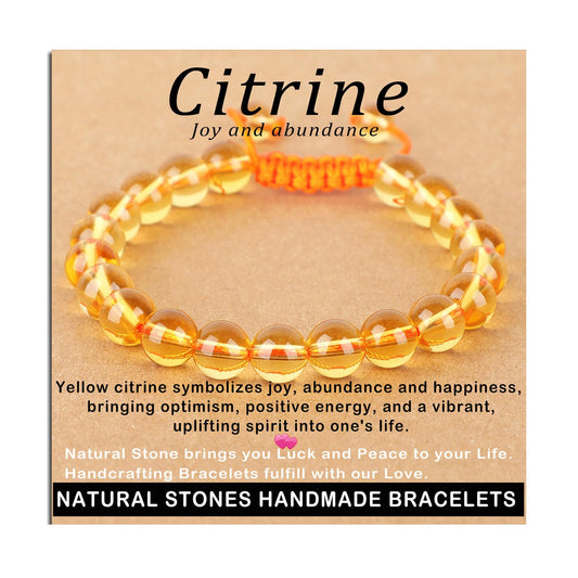 AD Beads 8mm Citrine Bracelet - Stone of Joy and abundance - Handmade Natural Stone Crystal Bracelet with Adjustable Macrame String - Yoga Healing Power Energy Gifts for Men and Women