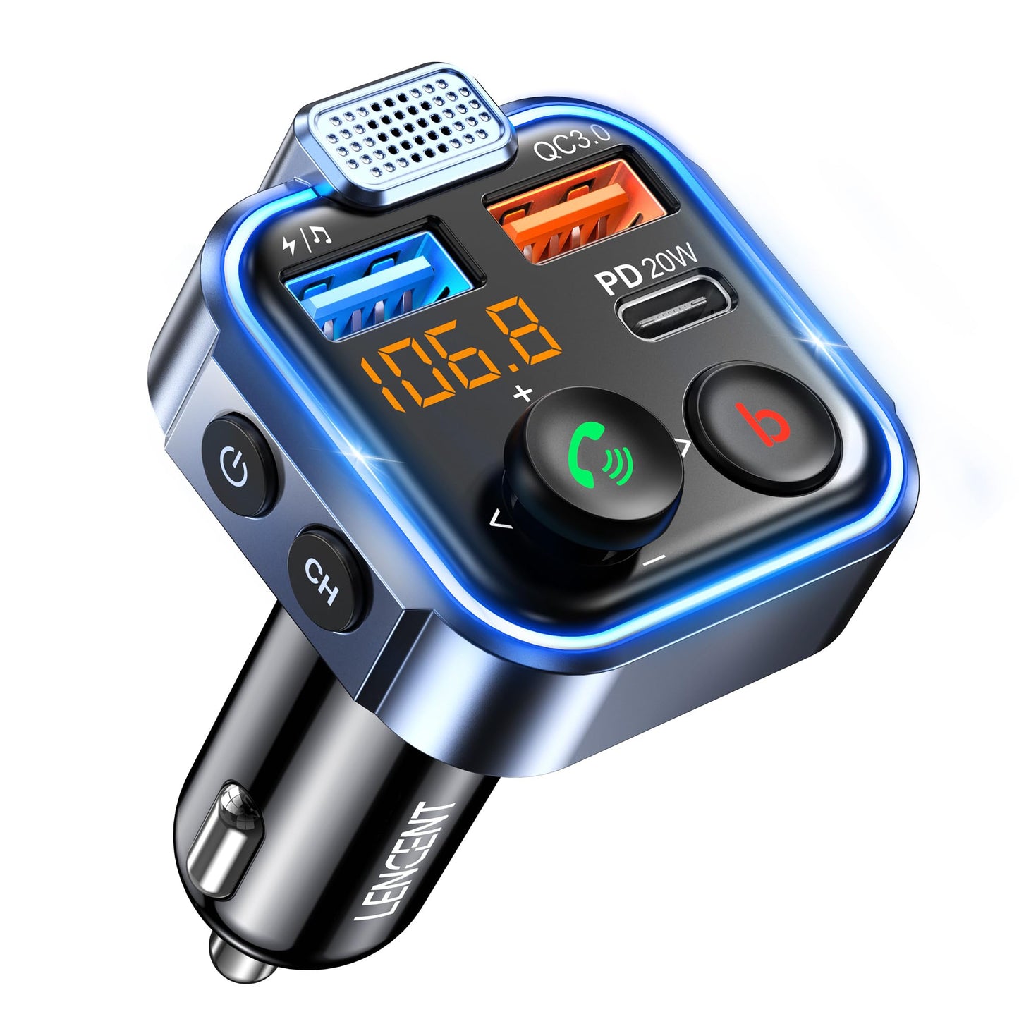 LENCENT FM Transmitter in-Car Adapter, Type-C PD 20W+ QC3.0 Fast USB Charger, Wireless Bluetooth 5.3 Radio Car Kit, Hands-Free Calling, MP3 Player Receiver Hi Fi Bass, Support U Disk