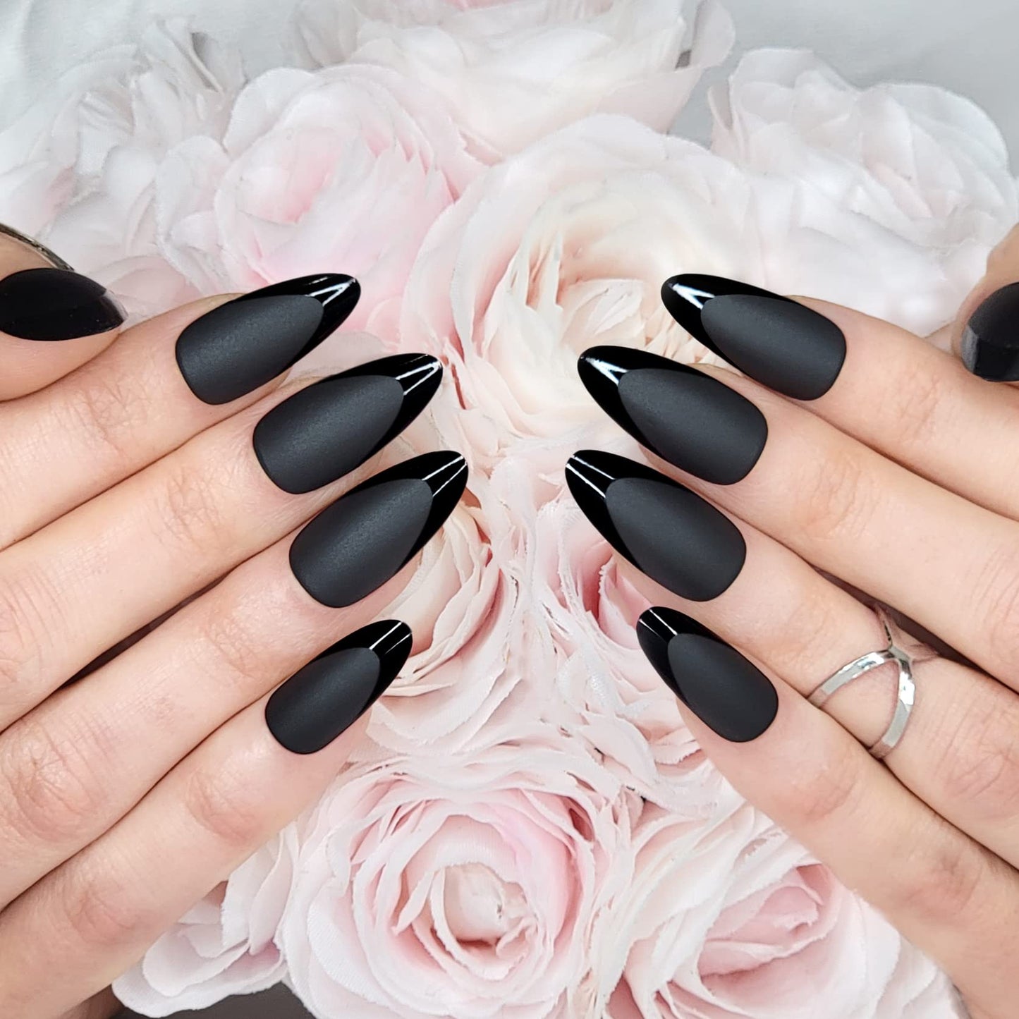 Hypnaughty Press On Nails - Caviar & Light Pink Almond Chrome, Trendy & Salon Quality Reusable Nails With Kit