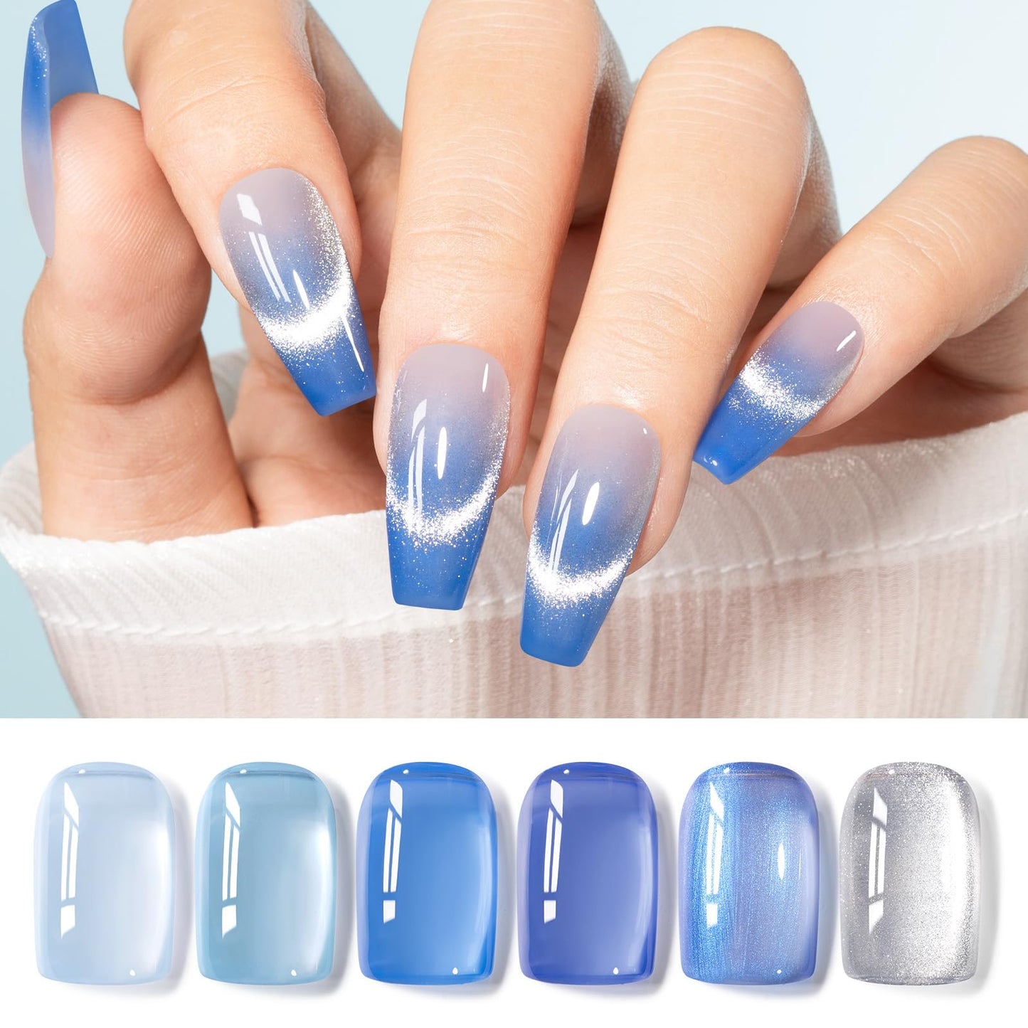 GELLEN Jelly Blue Gel Nail Polish Set, 6pcs Transparent Jelly Blue with Silver Glass Cat Eye Gel Nail Polish with Magnet, for Salon Nail Art at Home DIY