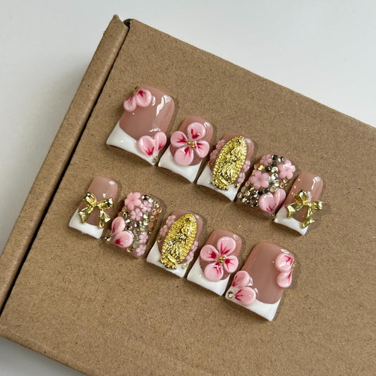 Press On Nails Handmade Short Duck Nails, Glossy Art Designs Reusable Acrylic Artificial Stick On Nails, 10 Pcs False Nails Set (Size M)