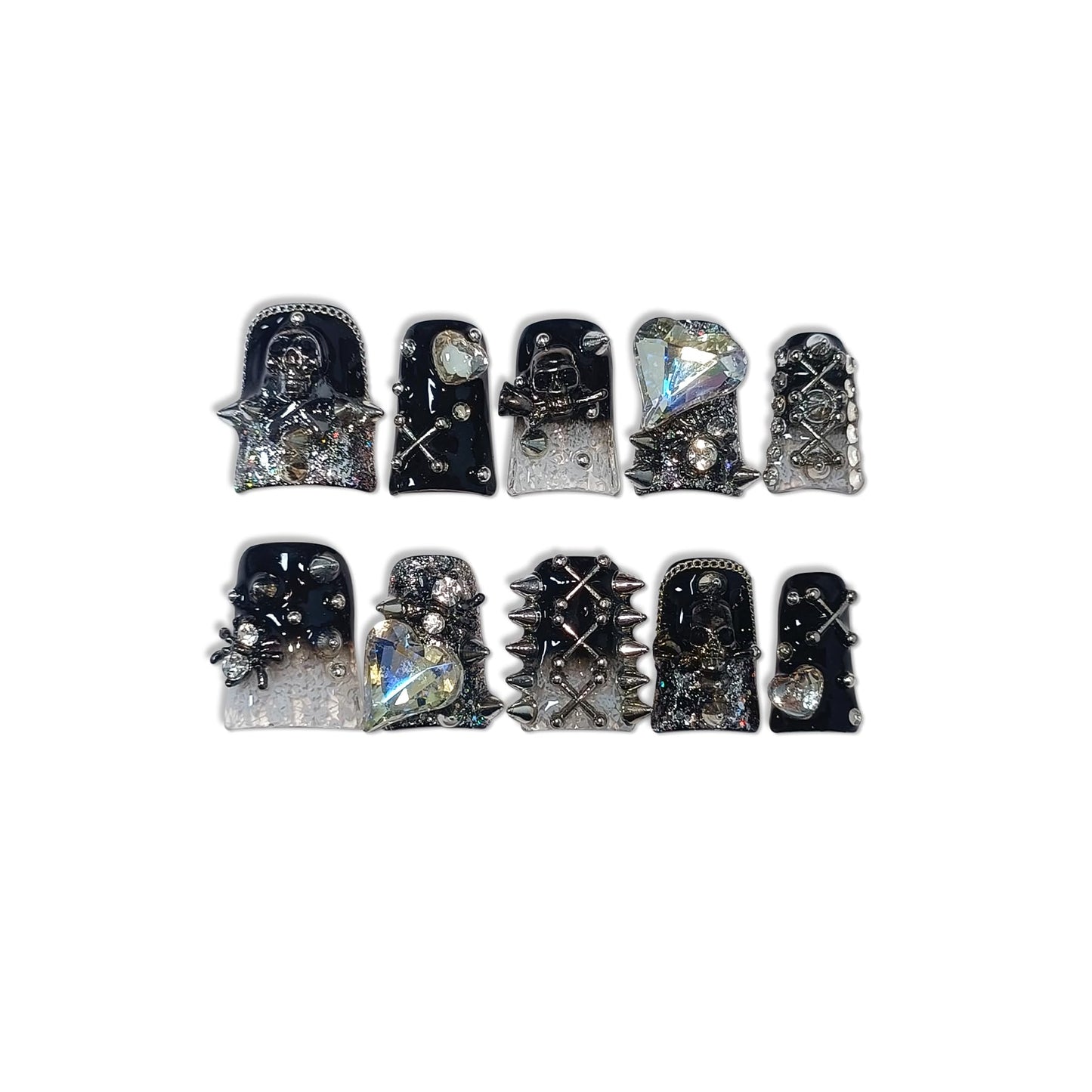 TENPAL 10Pcs Gothic Duck Nails Handmade Thick Press on Nails with Clip,Punk Studs Crystal Skull Short Duck Fake Nail Tips,Glossy Black Duckbill for Halloween Party,Reusable Dark Glam Glue on Nails(L)