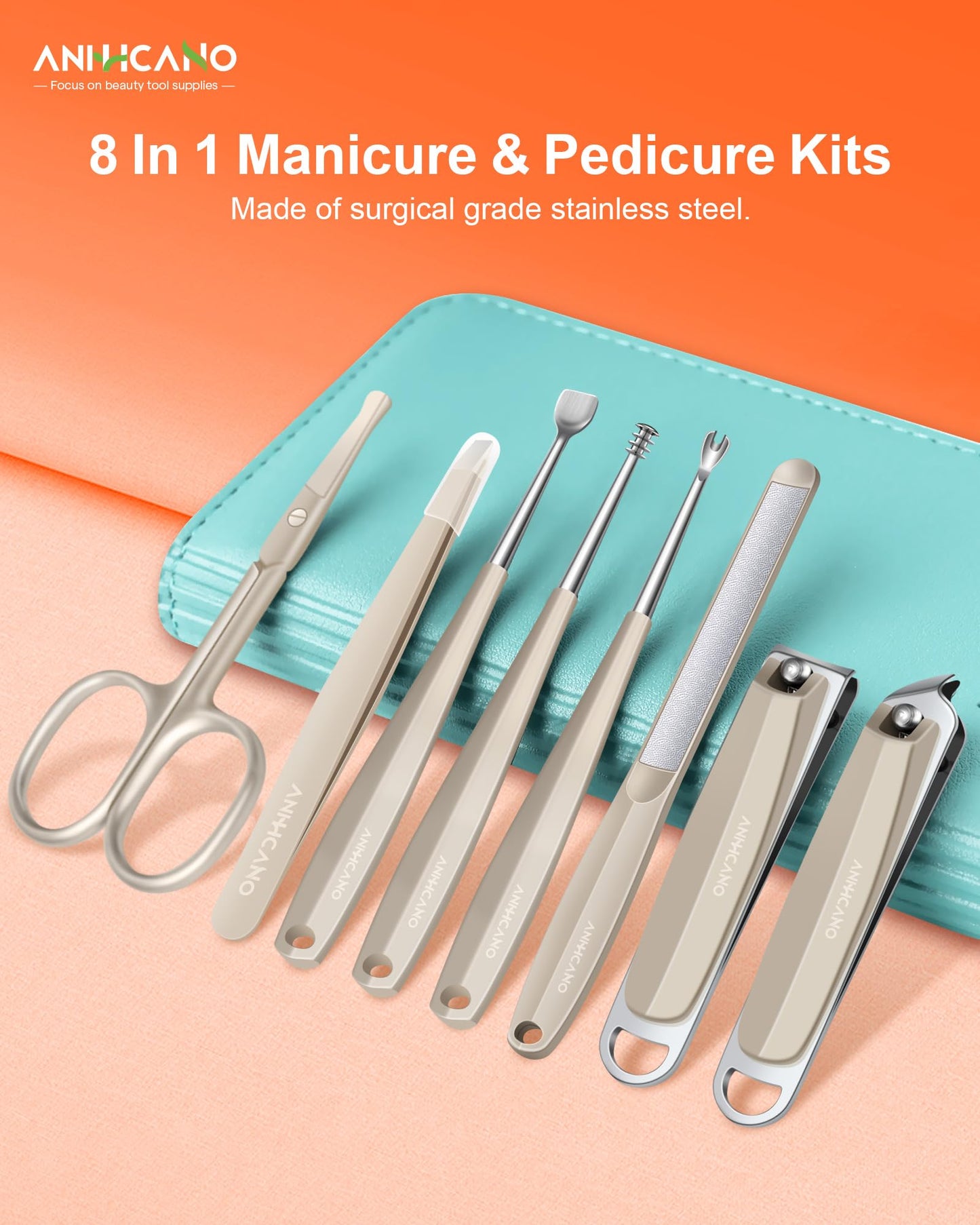 Manicure & Pedicure Kit for Men & Women, ANIHICANO 8-in-1 Premium Stainless Steel Personal Care Tools Set with PU Leather Case, Travel-Friendly for Home & Professional Use (Champagne)