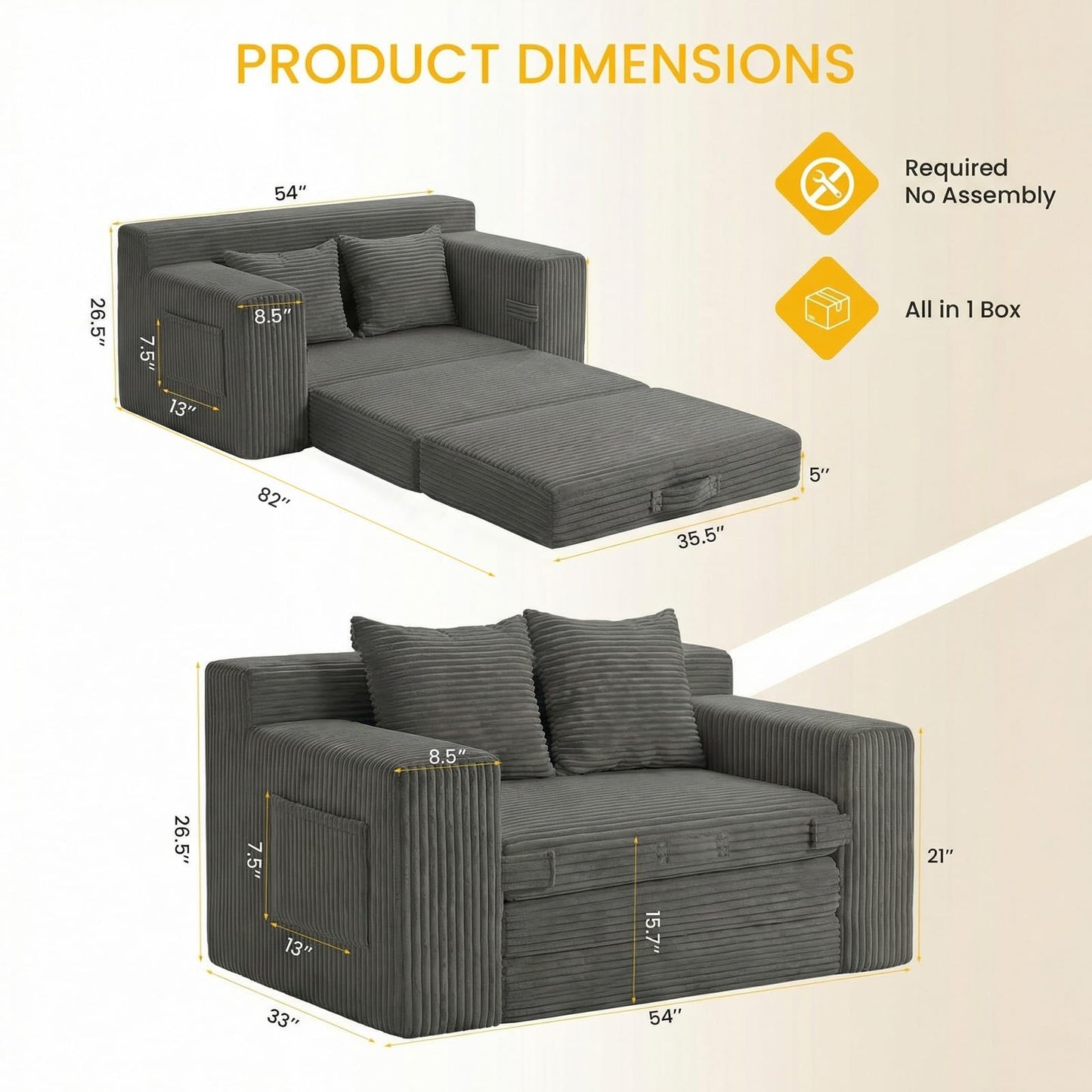 Boneless Loveseat Sleeper Sofa Bed: 3-in-1 Convertible Sofa Bed with Side Pockets & Handle,Pull Out Couch with 2 Pillows,Folding Futon for Small Space,Living Room & Bedroom,Corduroy Fabric,No Assembly
