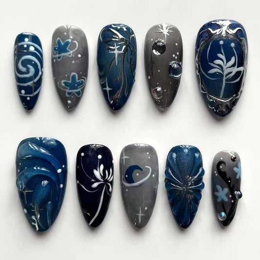 CJDLTS Dark Black Medium Almond Shaped Silver Stripe with Starry Sky Bubble Design Stick on Nails Full Cover Reusable Coffin Press on Nails Artificial Acrylic Fingernails for Women Manicure 24Pcs