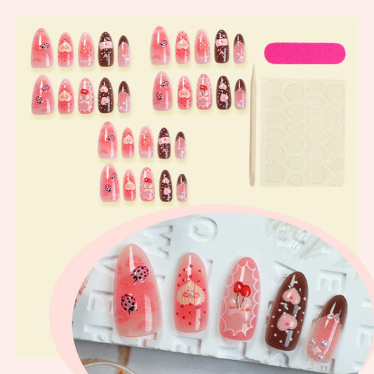 Mkwntg 30Pcs Pink Ombre Press on Nails Medium Almond Fake Nails with 3D Pearl Ladybug Design Letter Lips Cherry Heart Acrylic False Nails Brown French Tip Bow Strawberry Stick on Nails for Women Decor