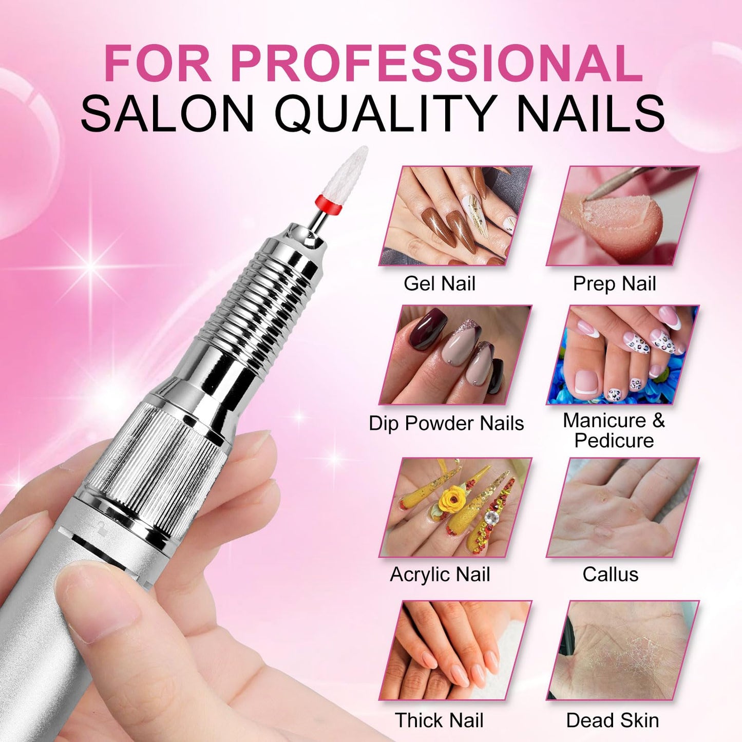 LIMEGIRL Electric File Nail Drill Professional 35000RPM Pink Nail File with Rechargeable Base & Bits Nail Drill Bit Nail Files and Buffers for Acrylic Nail Remove Nail Tech Must Haves for Salon Home