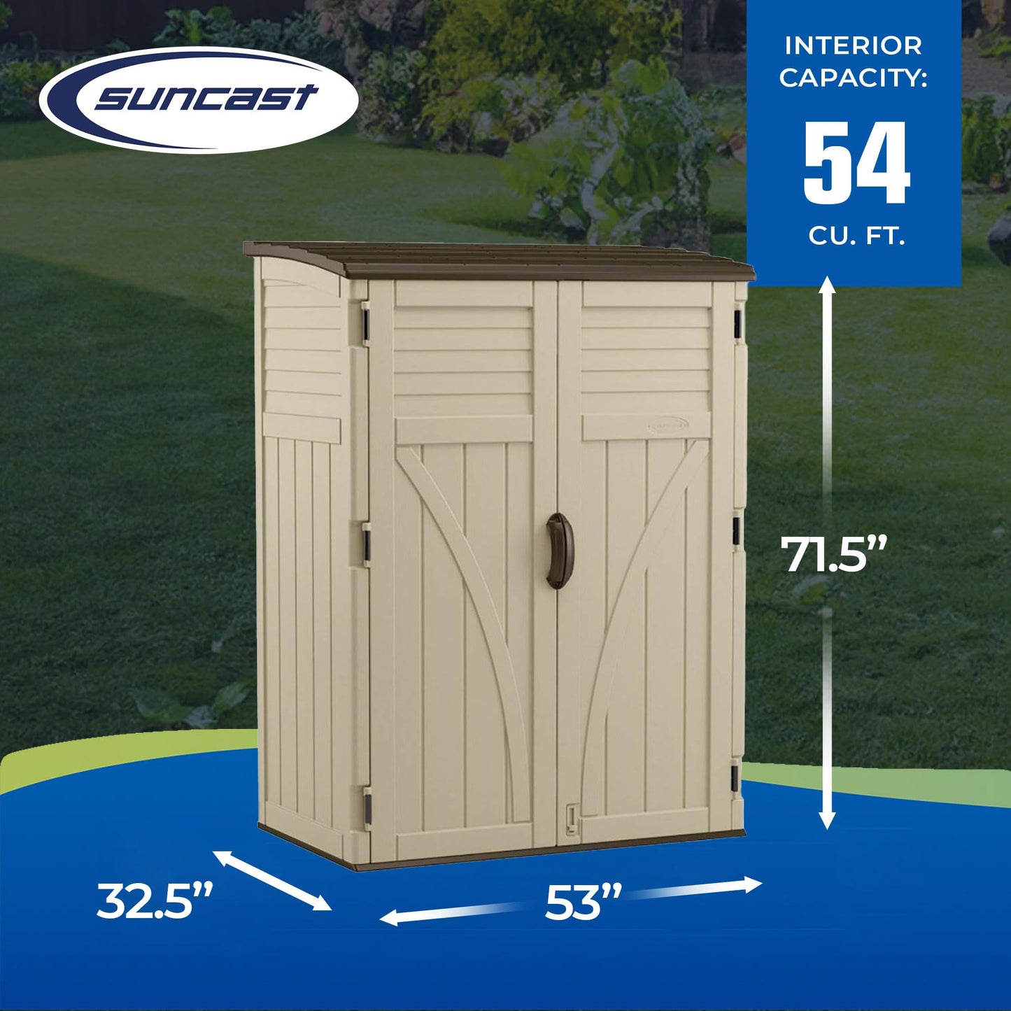 Suncast Outdoor Storage Shed, Water Resistant Resin Vertical Outdoor Storage Cabinet for Patio, Garden Tools, Cushions, & Equipment, Weatherproof Multi-Wall Design, 54 cu. ft., Made in USA