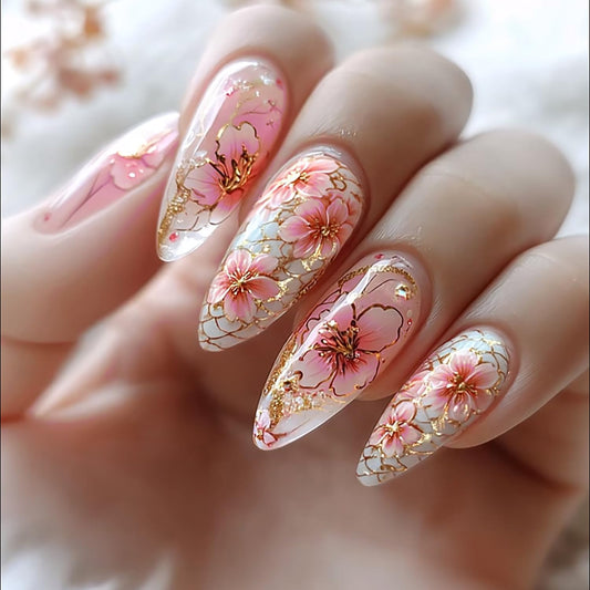 CJDLTS Flower Press on Nails Medium Almond Pink Floral Pattern Design Full Cover Glossy Acrylic Fake Nail Blossom Stick on Nail 24Pcs Reusable Press Ons Glue on Nails for Women