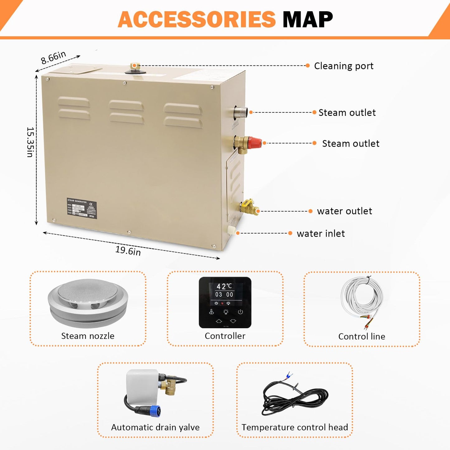 TONGTONGFA,Steam shower generator,18kw Household-Commercial,Steam shower generator kit,with self-draining system,Temperature adjustable 95-131°F,Applicable space 560～735ft3(18KW)